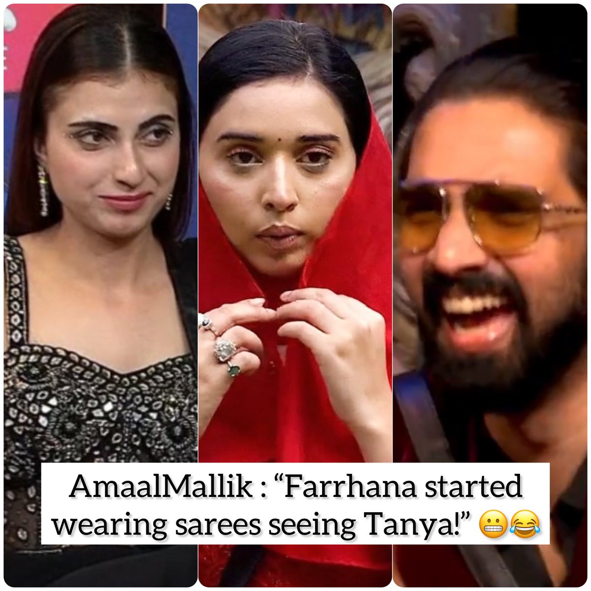 tellykhazana's tweet photo. #AmaalMallik : “Farrhana started wearing sarees seeing Tanya!” 😬😂

Looks like inspo hits differently in the Bigg Boss house 😎💃

#BiggBoss19 #BB19 #FarrhanaBhatt #TanyaMittal #AmaalMallik #BB19Live #HouseDrama #ViralMoments #RealityShowFun #GharKaEntertainment https://t.co/jx6fikQCeT