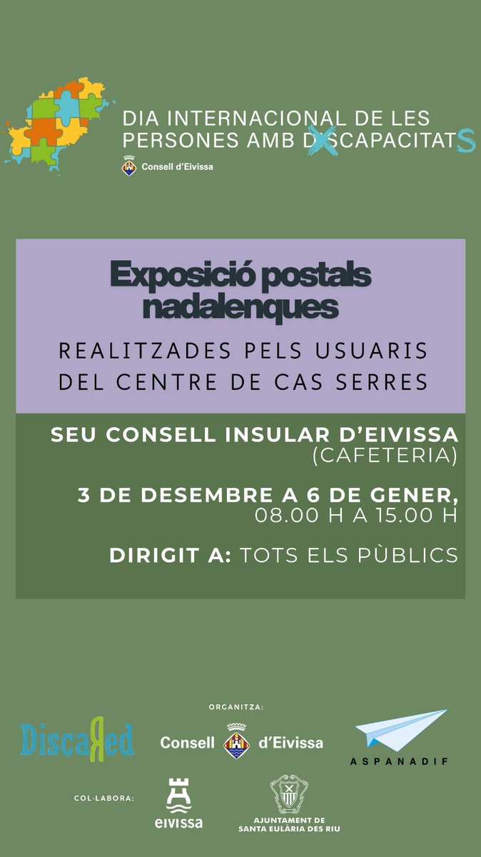 🙌 Aquest 3 de desembre és el Dia Internacional de les Persones amb Discapacitat i amb la col·laboració d'ajuntaments i entitats de l'illa hem organitzat diverses activitats per visibilitzar la important tasca que es fa a l'illa per promoure la inclusió i la igualtat.
Us esperam!
