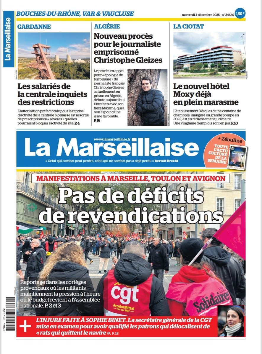#ÀlaUne du 3 décembre 2025 #Manif2decembre #CGT #FSU #Solidaires #Centrale #Gardanne #Algérie #ChristopheGleizes #LaCiotat #Moxy
En kiosque et par abonnement sur lamarseillaise.fr