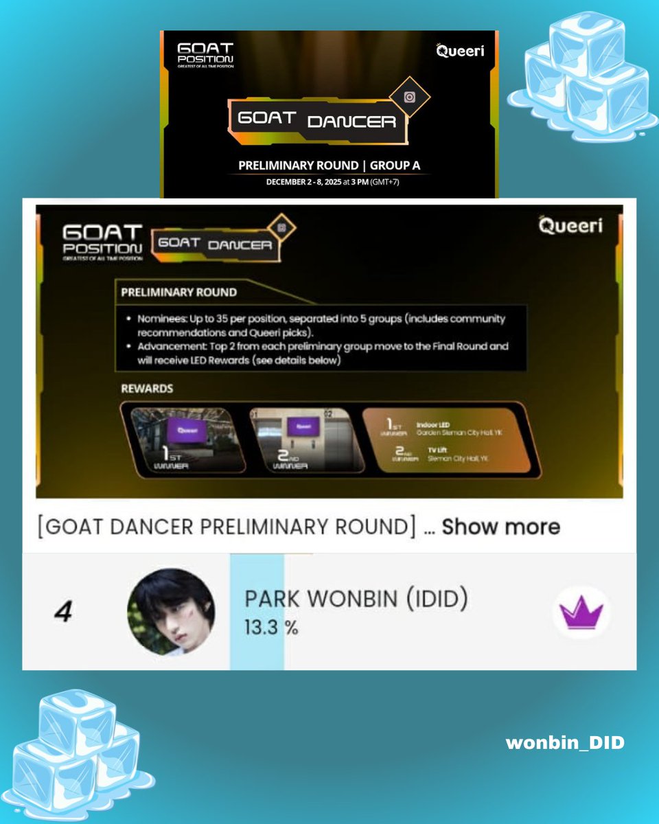 wonbin_DID's tweet photo. [VOTE] Queeri | GOAT DANCER Group A - PARK WONBIN (IDID)

🎯 TOP 2 
Voting Periode
📆 ~ 8 Desember 2025
🔗 https://t.co/MxlLswNlOK

#IDID #아이딧 #I_did_it #IDID_VOTE
#PARKWONBIN #박원빈 #박원빈_DID 
#PUSH_BACK https://t.co/YCkQVCd4lH