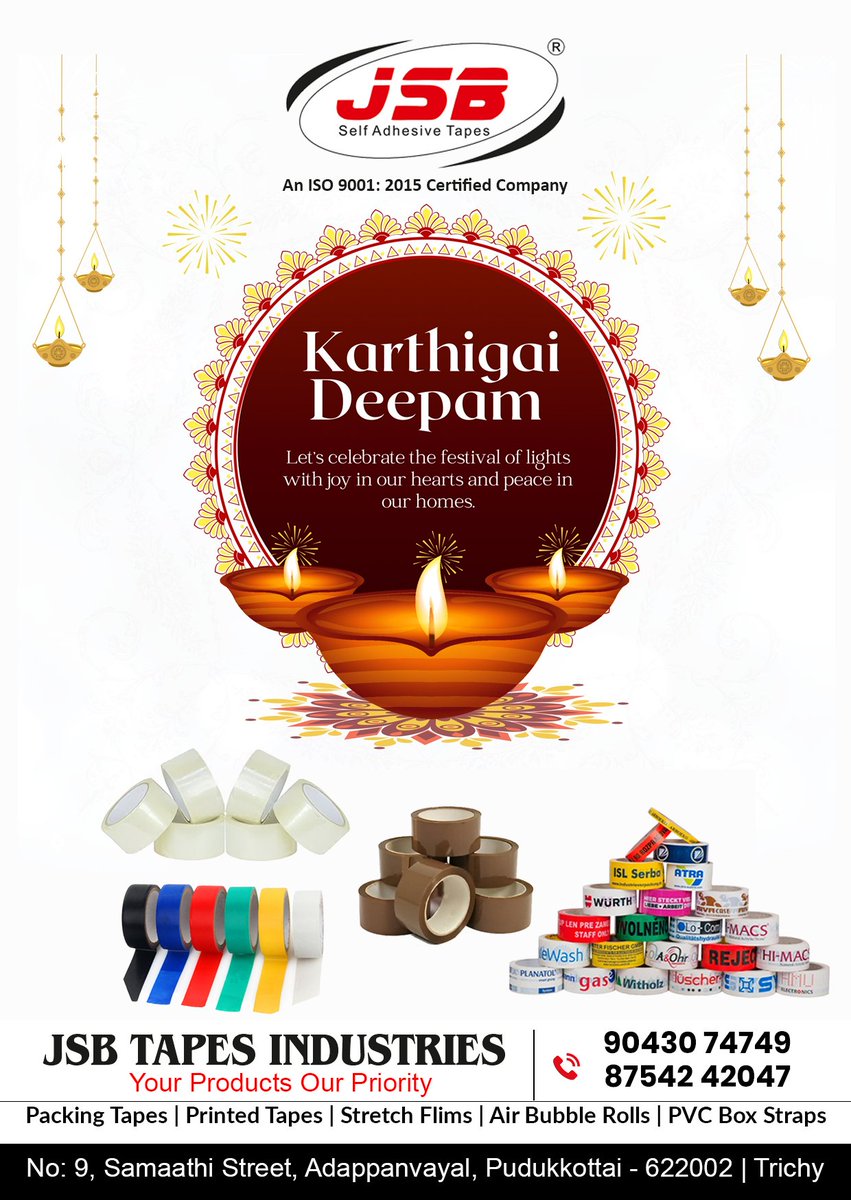 jsbtapesind's tweet photo. Karthigai Deepam
JSB TAPES INDUSTRIES
PACKING TAPES | MASK TAPES | STREYCH FLIM BUBBLE ROLL | PVC BOX STRAPS
Samaathi Street, Adappanvayal, Pudukkottai- 1 | TRICHY
8754242047, 9043074749
#tapes #manufacturer #industrial #manufacturing #pudukkottai #packingtape #trichy #masktapes https://t.co/xpC38oiSIQ