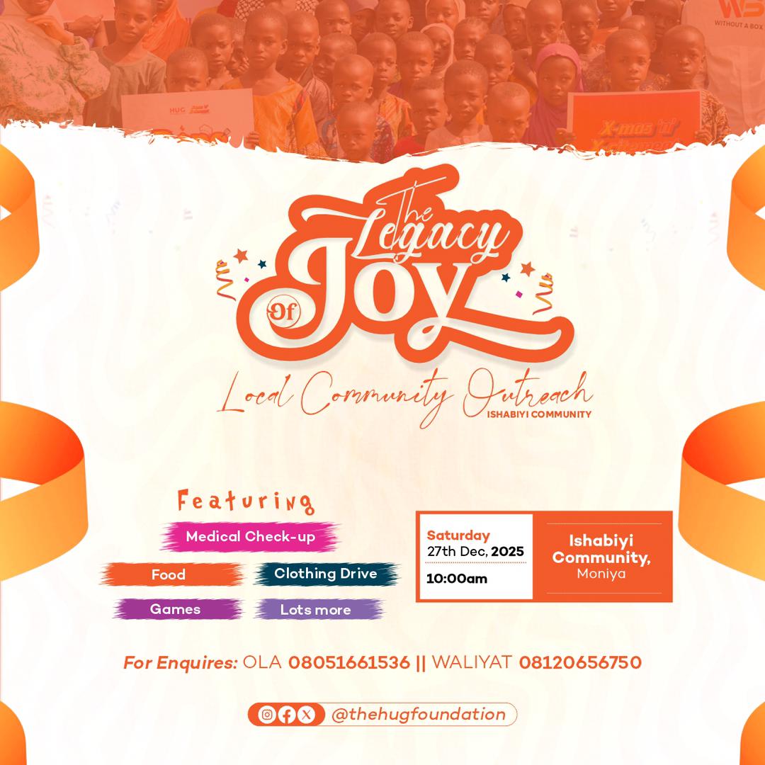 hug_foundation's tweet photo. What began as a small act in Ishabiyi is now a yearly tradition of joy.

This December, we’re back with free medical checks, food, games and a clothing drive all to make a lasting impact.

Join us as we spread love and make this a December to remember.

#hugfoundation #december https://t.co/C7qgVJwYGx