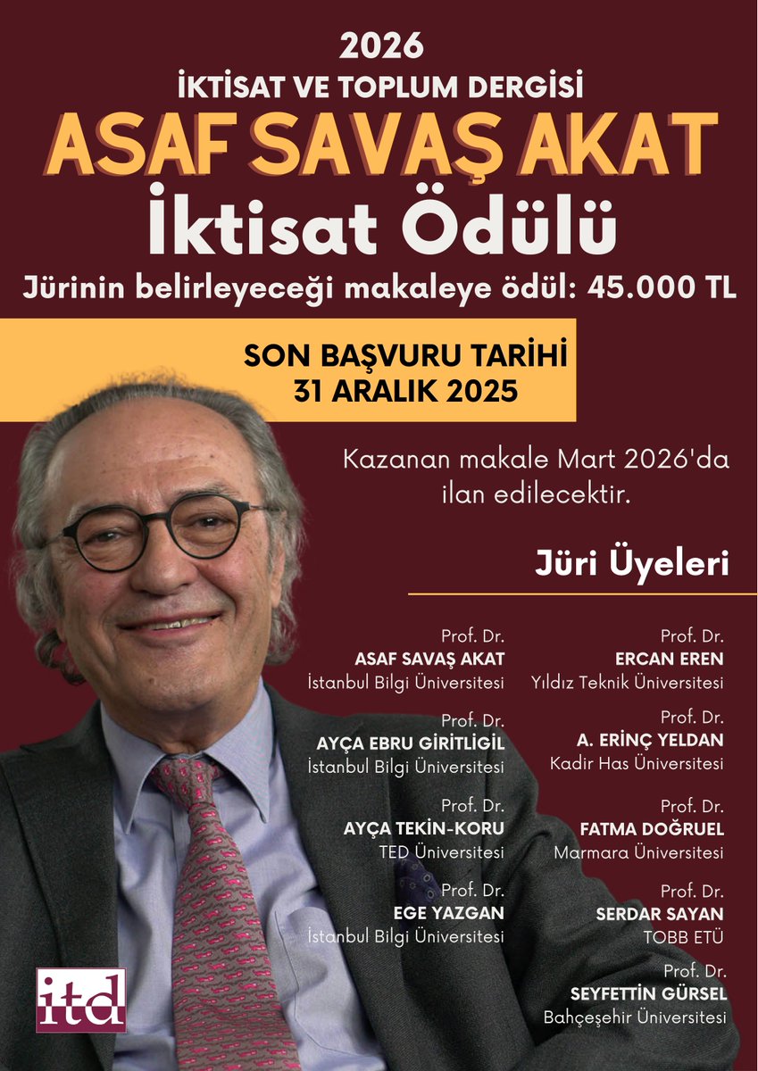 2026 İktisat ve Toplum Dergisi Asaf Savaş Akat İktisat Ödülü için başvurular devam ediyor! 

Yönetmelik ve başvuru formu için linke tıklayabilirsiniz: iktisatvetoplum.com/itdyarisma/