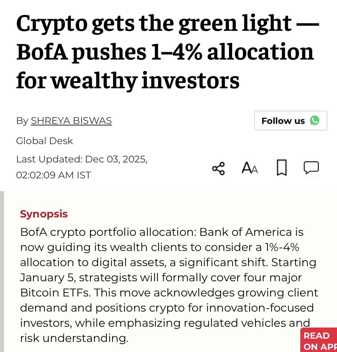 SolanaFloor's tweet image. NEWS: 🇺🇸Bank of America is advising its wealth-management clients to allocate 1–4% to crypto, the bank’s first direct endorsement of digital assets to date.