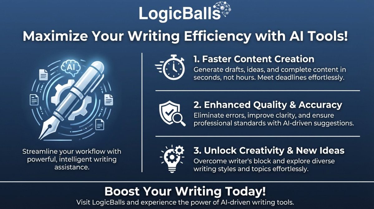 logicballs_ai's tweet image. Boost your writing speed, clarity, and creativity with LogicBalls! 🚀✍️
Create smarter, faster, and better content using AI. Perfect for writers, marketers, and creators!”
#LogicBalls #AIWritingTools #ContentCreation