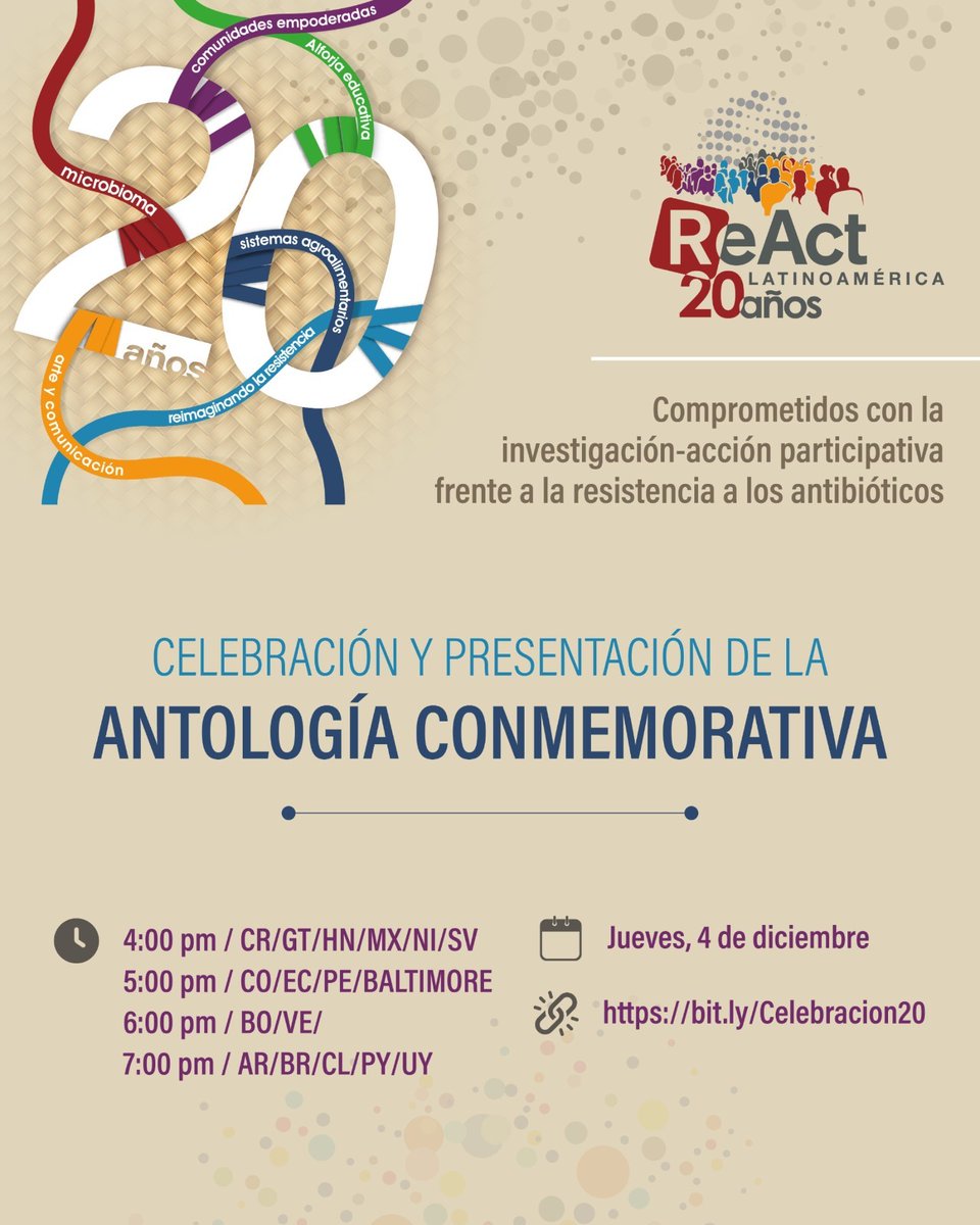 reactgroup's tweet image. 🎉 Join ReAct 20 years creative @react_latina - 4 December 🎉

Over the past 20 years, ReAct has grown into a strong, interconnected network thanks to the commitment, generosity, and dedication of everyone working to address antibiotic resistance from a One Health perspective.…