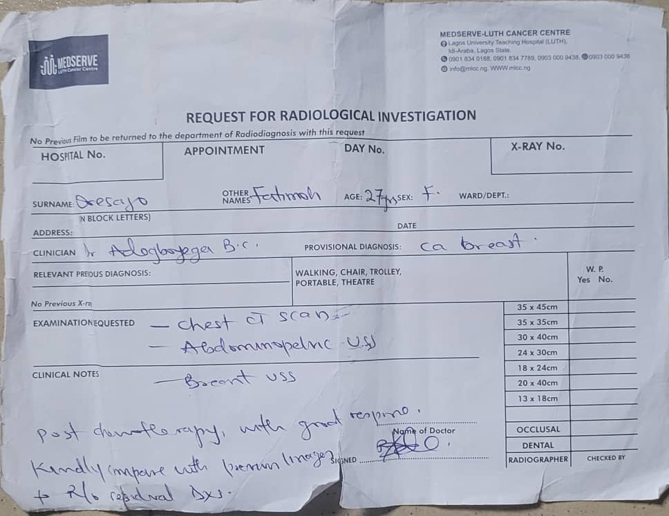 OresajoTaiwo's tweet photo. we were given the tests my younger sister needs to run before her surgery appointment can be fixed.
She has completed her chemotherapy, and seeing her survive this phase is nothing short of a miracle.

I want to sincerely appreciate everyone who helped us get here https://t.co/UC4xUxM6Jo