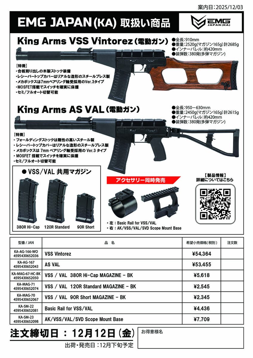 King Armsより久々の発売！VSS VintorezとVALです。 どちらも実銃は