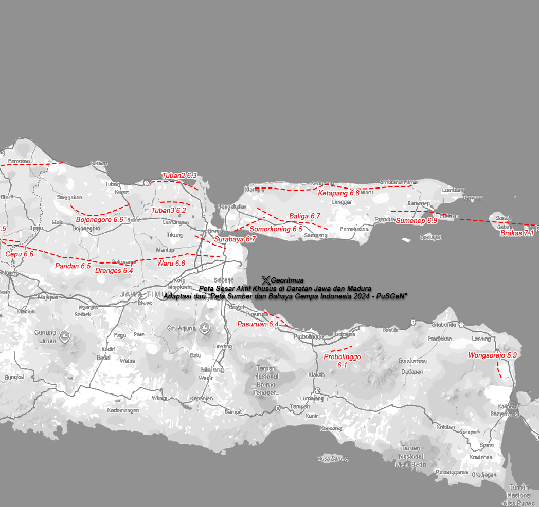 Peta Sesar Aktif Khusus di Daratan Jawa dan Madura
Adaptasi dari “Peta Sumber dan Bahaya Gempa Indonesia 2024 - PuSGeN”
