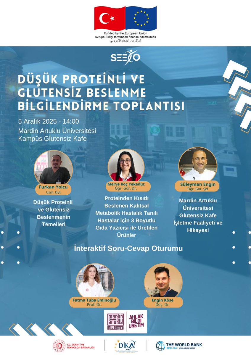 Üniversitemiz, SEECO projesi kapsamında DİKA İşbirliğiyle MAÜ Kampüs Glutensiz Kafe’nin ev sahipliğinde, düşük proteinli ve glutensiz beslenmeye ilişkin kapsamlı bir bilgilendirme programı düzenliyoruz.

📅 5 Aralık 2025
🕒 14.00

👩‍⚕️ Uzm. Dyt. Furkan Yolcu 
👨‍⚕️ Öğr. Gör. Dr. Merve