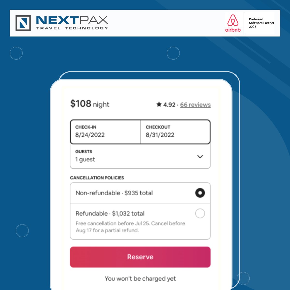 NextPax's tweet photo. Looking to boost booking conversions? Unlock the power of @Airbnb's non-refundable rates via @NextPaxand see results fast! Discover how to optimize revenue and guest confidence 👉 https://t.co/S5uKXbx3mG #HospitalityTech #PropertyManagers #TravelInnovation https://t.co/xLgchIDnoQ