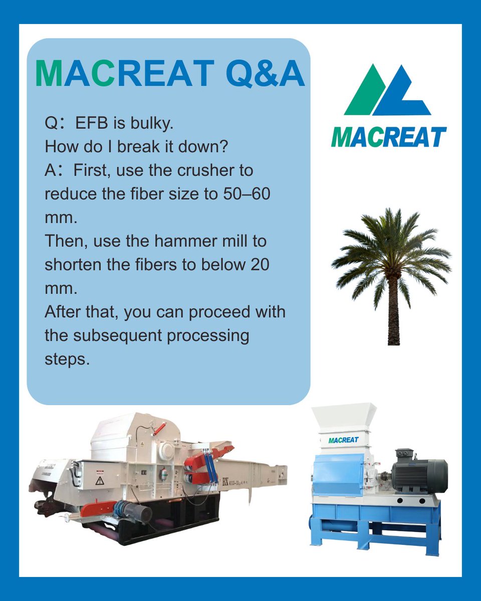 MacreatBiomass's tweet photo. "Bulky EFB got you stuck? 
🌴Step 1: Crusher → 50-60mm fibers
Step 2: Hammer mill → <20mm fibers
💥#Macreat machines = EFB wins.
#biomass  #woodworkingmachine #pelletmill  #HammerMill 
 #woodchipper #cooler #crushing  #pelletmachine #bioenergy https://t.co/pcxwV9e0GU
