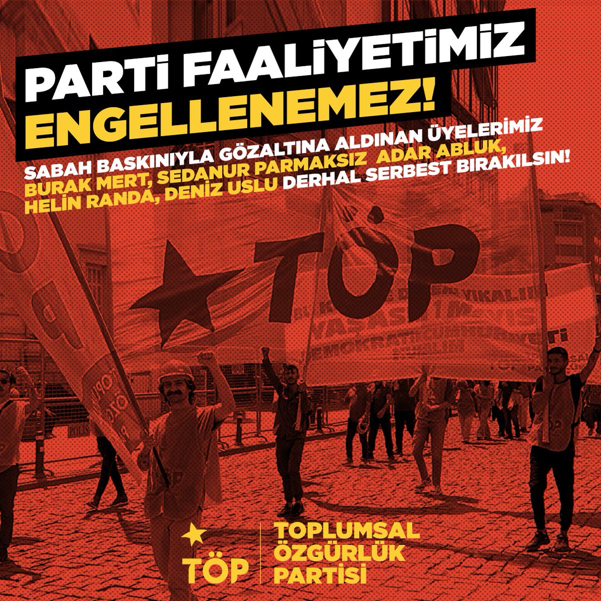 Parti faaliyetimiz kriminalize edilemez! 

Üyelerimiz Deniz Uslu, Helin Randa, Sedanur Parmaksız, Burak Deniz Mert ve PM üyemiz Adar Abluk bu sabah  ev baskınıyla gözaltına alındı. 

Uydurma gerekçeler ile hazırlanmış olan polis tutanaklarıyla parti faaliyetlerimiz sorgulanmaya,