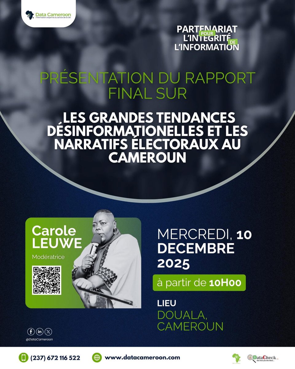 Nous vous donnons rendez-vous le 10 décembre 2025 à 10h, à #Douala, pour la présentation du rapport final sur la désinformation et les narratifs électoraux au Cameroun.

🎙️ Modération : Carole Leuwé

📍 Douala, Cameroun

Stay tuned.

#DataCameroon  #ADISICameroun #PPII