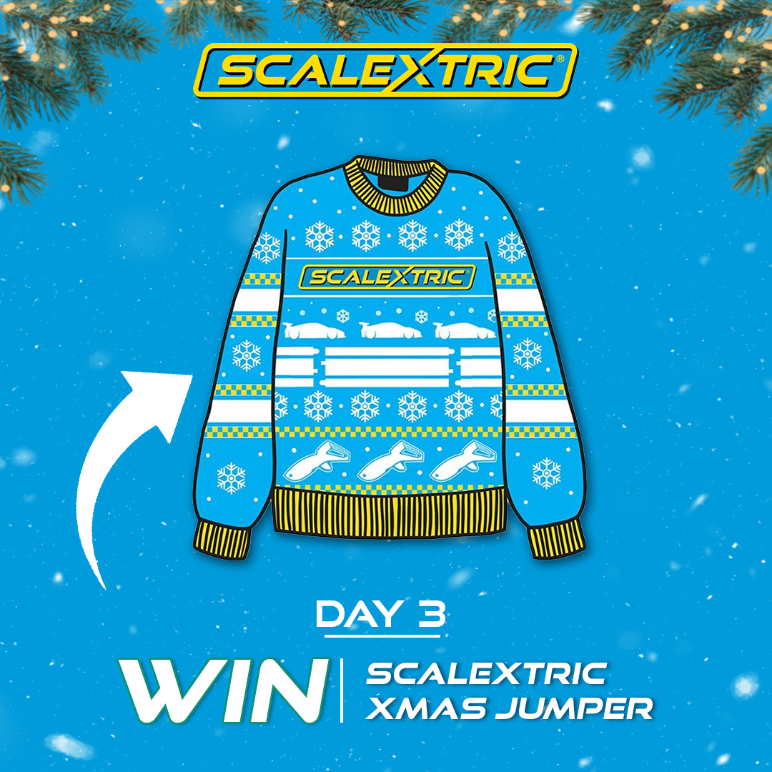 Scalextric's tweet image. Day 3 brings the jumper. 🎄

Win a Scalextric Christmas Jumper and wear it with pride all December.

All you have to do to enter is

1) Follow @scalextric
2) Reshare this post
3) Reply ‘done’. 

Head over to our Facebook and Instagram pages for additional entries and don’t forget…
