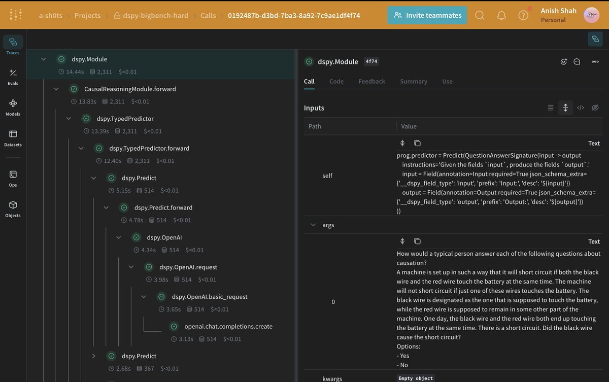 LangChainJP's tweet image. 【LLMワークフローのプロンプト最適化自動化（DSPy×Weave）】

Weights &amp;amp; BiasesのWeaveとStanford NLP発のDSPyを組み合わせることで、LLMワークフローのプロンプト最適化をコードで自動化し、UIから挙動を可視化する手法が公開されている。BIG-Bench Hardの因果判断（causal…