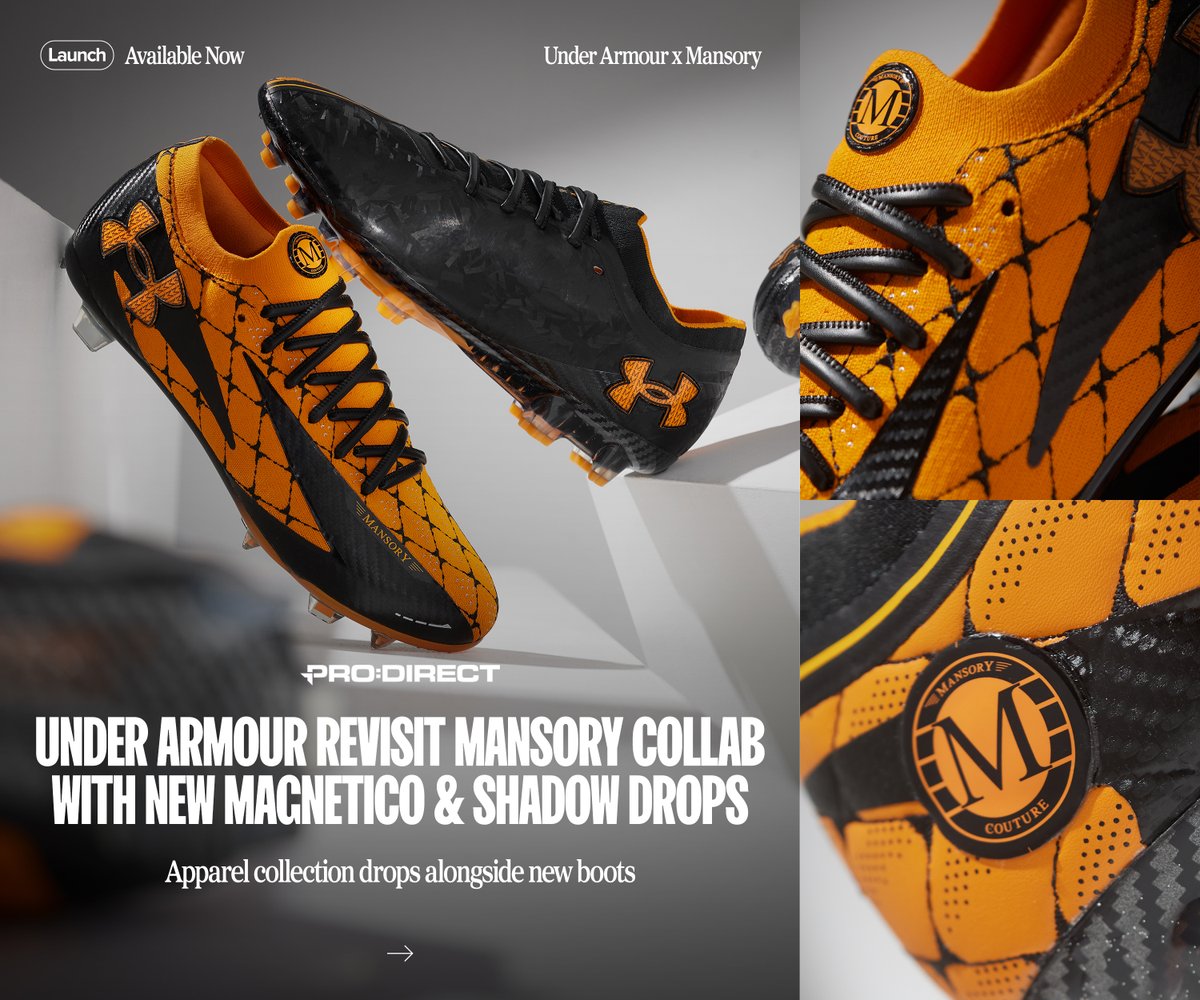 🔗 brnw.ch/UnderArmourMan…

Under Armour x Mansory is back. Second collab. Just as bold. Just as luxurious. Shadow Elite 3, Magnetico Elite 5, and that full apparel collection available online now at Pro:Direct Soccer.