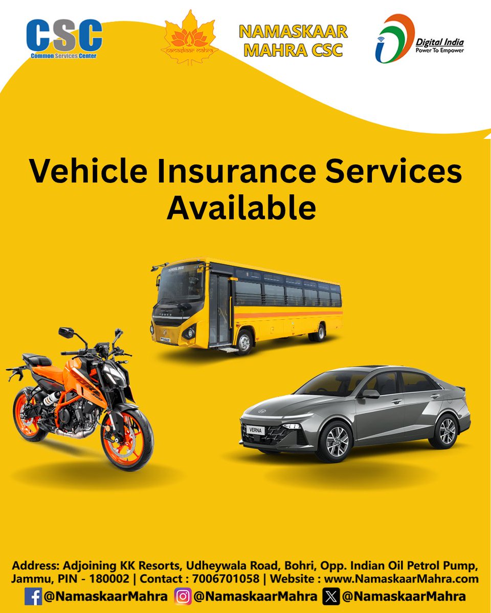 NamaskaarMahra's tweet image. Vehicle Insurance Services Available 

Namaskaar Mahra CSC
Contact : 7006701058
namaskaarmahra.com
Address: Adjoining KK Resorts, Udheywala Road, Bohri,
Opp. Indian Oil Petrol Pump, Jammu, 180002

#NamaskaarMahra #CSC #CSCJammu  #TataCroma #Croma #tata