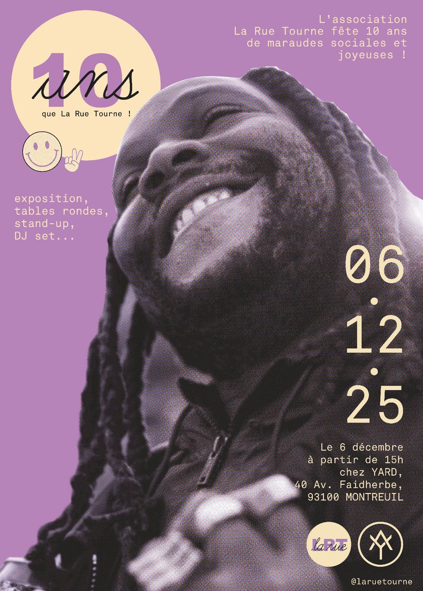 Sht_dono's tweet image. Ce SAMEDI 6 décembre @LRTourne fête ses 10 ans chez @yard
Le sans-abrisme est une des formes ultime de précarité, de brutalité sociale et institutionnelle.
Nos réponses : la solidarité &amp;amp; l’empathie politique.
Le programme est là ! C’est gratuit, venez !
💜 bit.ly/nos10piges