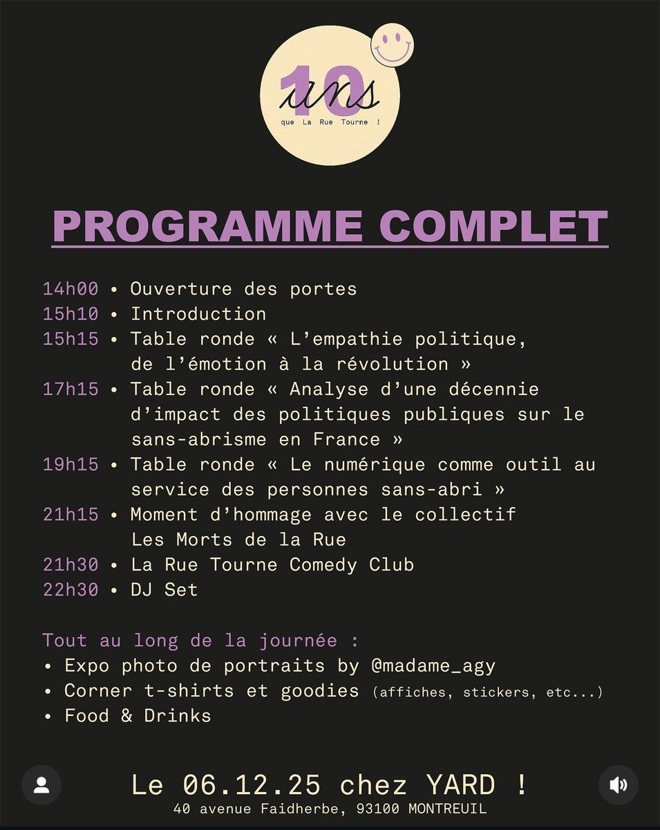 Sht_dono's tweet image. Ce SAMEDI 6 décembre @LRTourne fête ses 10 ans chez @yard
Le sans-abrisme est une des formes ultime de précarité, de brutalité sociale et institutionnelle.
Nos réponses : la solidarité &amp;amp; l’empathie politique.
Le programme est là ! C’est gratuit, venez !
💜 bit.ly/nos10piges
