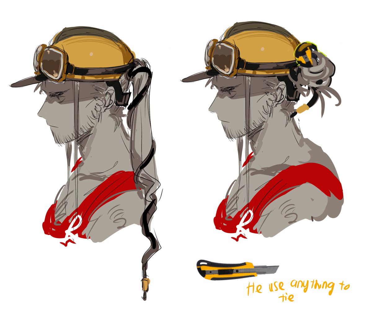 How buildermango tie his hair cuz somone ask it

the right is my first idea but i see many ppl doin that so i end up with the btw left one. its from glasses strap