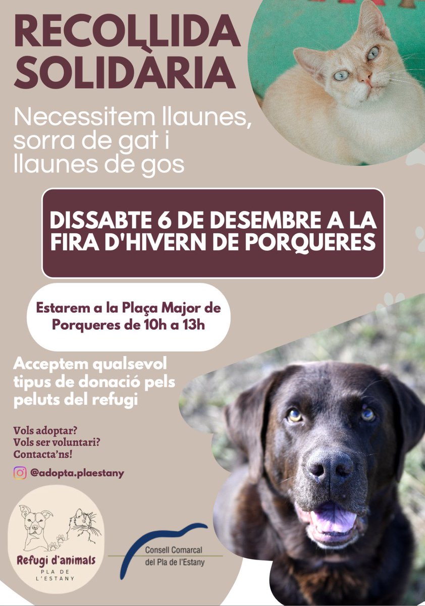🐾 Un hivern per als més peluts!

Aquest dissabte fem recollida solidària per ajudar els animals del refugi.

📅 Dissabte 6
⏰ De 10 a 13 h
📍 Plaça Major