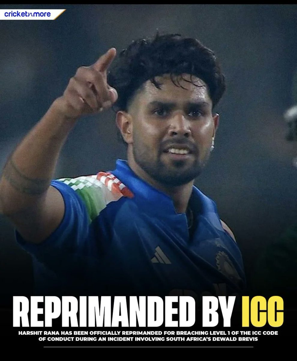 Harshit Rana has been reprimanded for a level-1 ICC breach during an incident with Brevis #ICC #BCCI