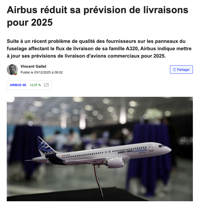 Quand ça veut pas 😅

Airbus $AIR réduit ses prévisions de livraisons passant de 820 modèles à 790 📉

🟢 Les analystes restent toutefois positifs :
- Bernstein 🎯 245€
- JP Morgan 🎯 240€
- Oddo BHF 🎯 236€