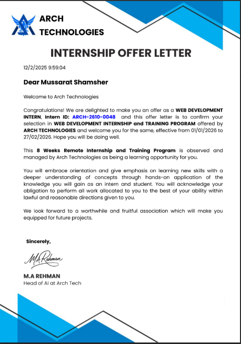 MussaratShams's tweet image. Grateful to share that I’ve been selected as Web Development Intern at Arch Technologies
Thank you to the amazing team for this opportunity. I’m excited to learn, build, and grow during this 8-week remote internship.

#Internship #WebDeveloper #ArchTechnologies #Learning #Growth