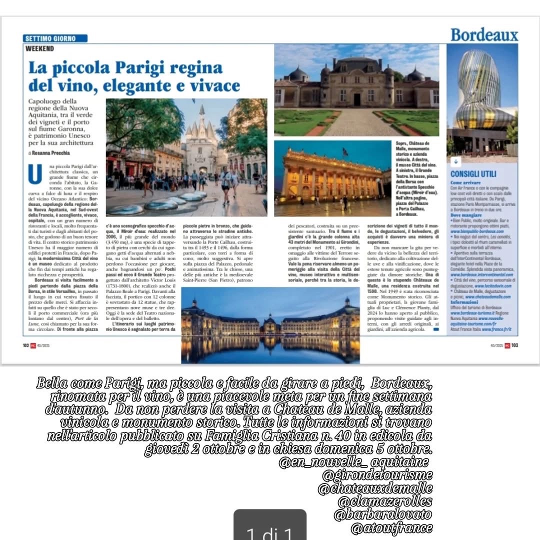 [articolo ]✨ Bordeaux e Chateau de Malle su Famiglia Cristiana . Una città da scoprire e poi non dimenticatevi di visitare Chateau de Malle vicino a Bordeaux #ExploreFrance #nouvelleaquitaine <a href="/Bordeaux/">Bordeaux</a>