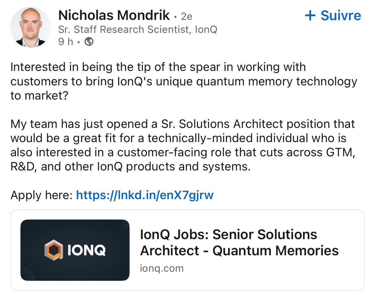 TechInnovationz's tweet image. $IonQ IonQ continues to expand its commercial and technical footprint with a new opening for a Senior Solutions Architect Quantum Memories in Boston.

A key role at the intersection of R&amp;amp;D, GTM, and customer engagement.

#IonQ #QuantumComputing #QuantumJobs #DeepTech #Hiring…