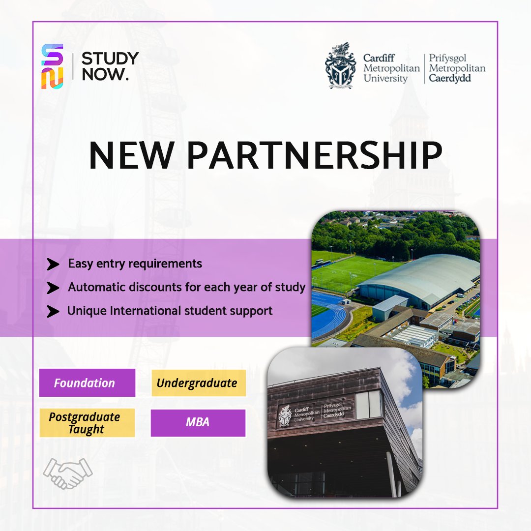 studynowea's tweet image. We are excited about our new partnership with Cardiff Metropolitan University! Whether you&apos;re aiming for a Foundation, Undergraduate, Postgraduate, or MBA, we guide you through the whole process. Don&apos;t Study Later, Study Now. #StudyAbroad #studyintheuk #studynowea #studynowuk