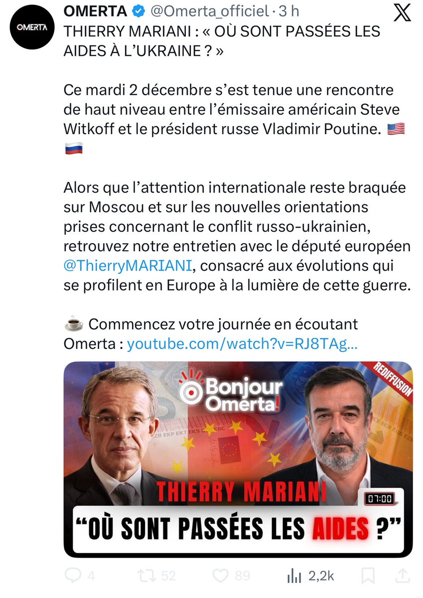 Thierry Mariani se demande, en chœur avec la propagande russe, où sont passées les aides à l’Ukraine.
Culotté de la part d’un eurodéputé membre d’un parti condamné pour avoir volé plusieurs millions au Parlement européen.