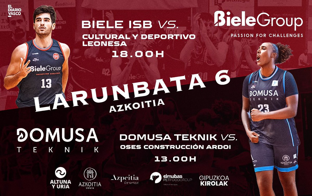 🏀 LARUNBATA, SASKIBALOI EGUNA

👉🏻 Egunpasa ezinhobea dugu Azkoitian larunbaterako

🗓️ ABENDUAK 6 

🕢 13:00 
🏆 LF Challenge
🐺 Domusa Teknik ISB 
🆚 Osés Construcción Ardoi

🕢 18:00 
🏆 Segunda FEB
🐺 Biele ISB 
🆚 CyD Leonesa

🏟️ Bete dezagun kiroldegia. Aupa Iraurgi!