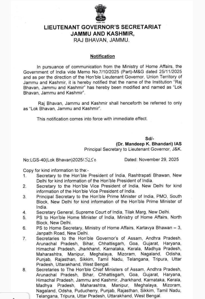 Yet another masterstroke by the government to bring ‘prosperity’ to J&amp;K — renaming Raj Bhawan to Lok Bhawan. Truly groundbreaking. With this one move, corruption will vanish, jihad will evaporate, and nepotism will surrender. <a href="/OfficeOfLGJandK/">Office of LG J&K</a> <a href="/OmarAbdullah/">Omar Abdullah</a> <a href="/AmitShahOffice/">Office of Amit Shah</a>