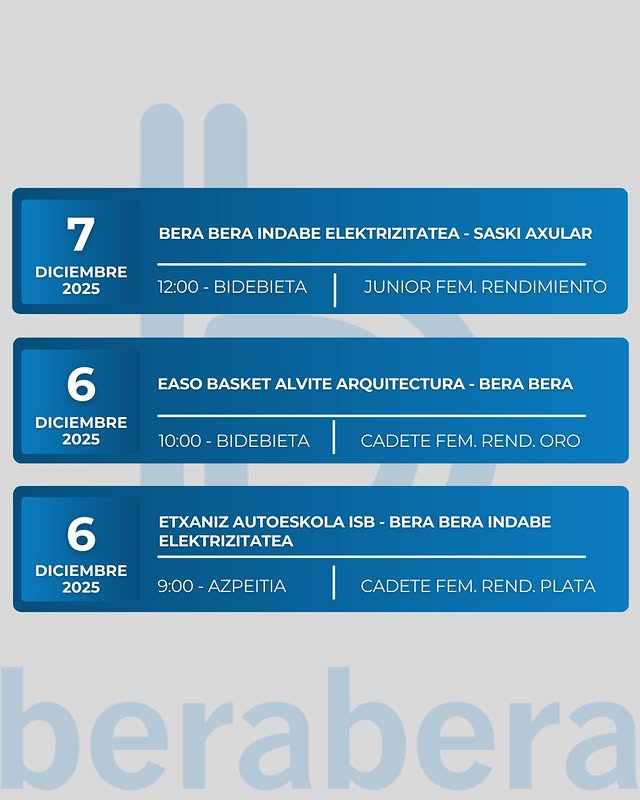 📅⚔️ 𝐉𝐎𝐑𝐍𝐀𝐃𝐀 𝟎𝟔-𝟎𝟕/𝟏𝟏/𝟐𝟎𝟐𝟓 𝐉𝐀𝐑𝐃𝐔𝐍𝐀𝐋𝐃𝐈𝐀

👉 Hauek dira gure taldeen jardunaldi honetako partidak.

👉 Estos son los partidos de nuestros equipos para esta jornada.

Aurrera neskak! 💪🏻🏀

#GuGeraGeraBeraBera #BeraBera