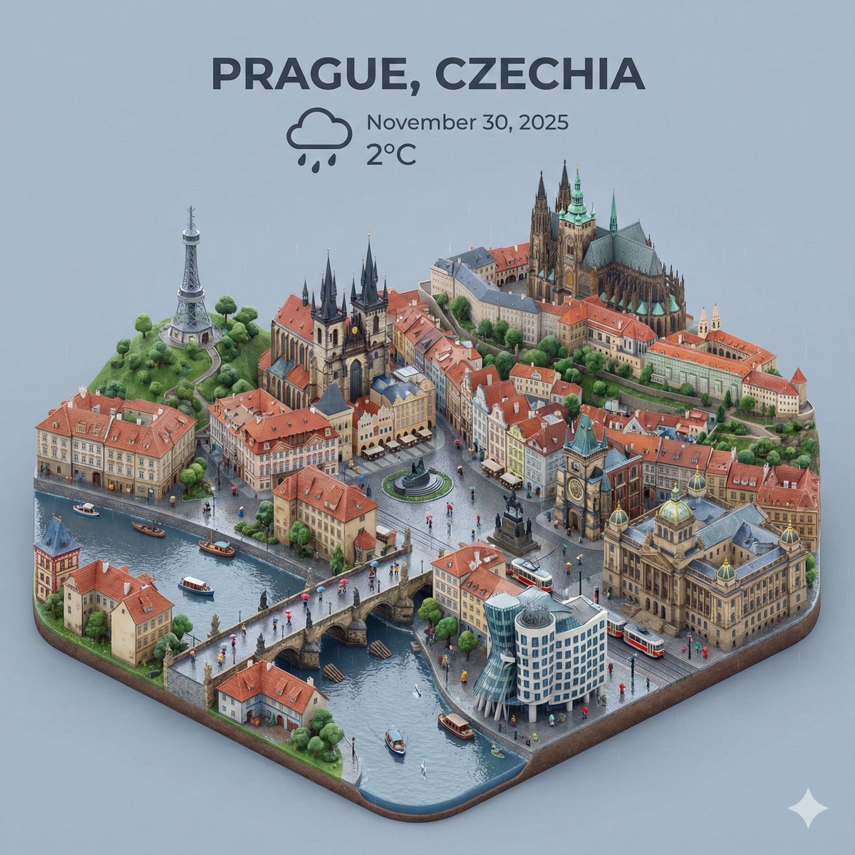 marryevan999's tweet image. Nice Nano Banana Pro prompt for weather app:

CITY= Prague , Czechia.

1️⃣ Open Gemini
2️⃣ Add selfie
3️⃣ Write your prompt
4️⃣ Generate ⚡

Bookmark it 🔖