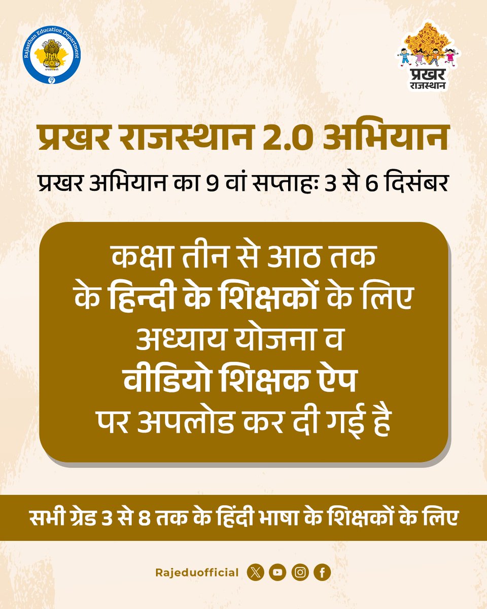 प्रदेश के राजकीय विद्यालयों में प्रखर राजस्थान 2.0 अभियान का 9वां सप्ताह 3 दिसंबर से शुरू हो रहा है। 

इसके तहत कक्षा 3 से 8 के विद्यार्थियों में रीडिंग रेमेडिएशन के माध्यम से पठन कौशल विकसित करने के लिए विभिन्न गतिविधियां संचालित की जा रही हैं। 

शिक्षकों के लिए अध्याय योजना व