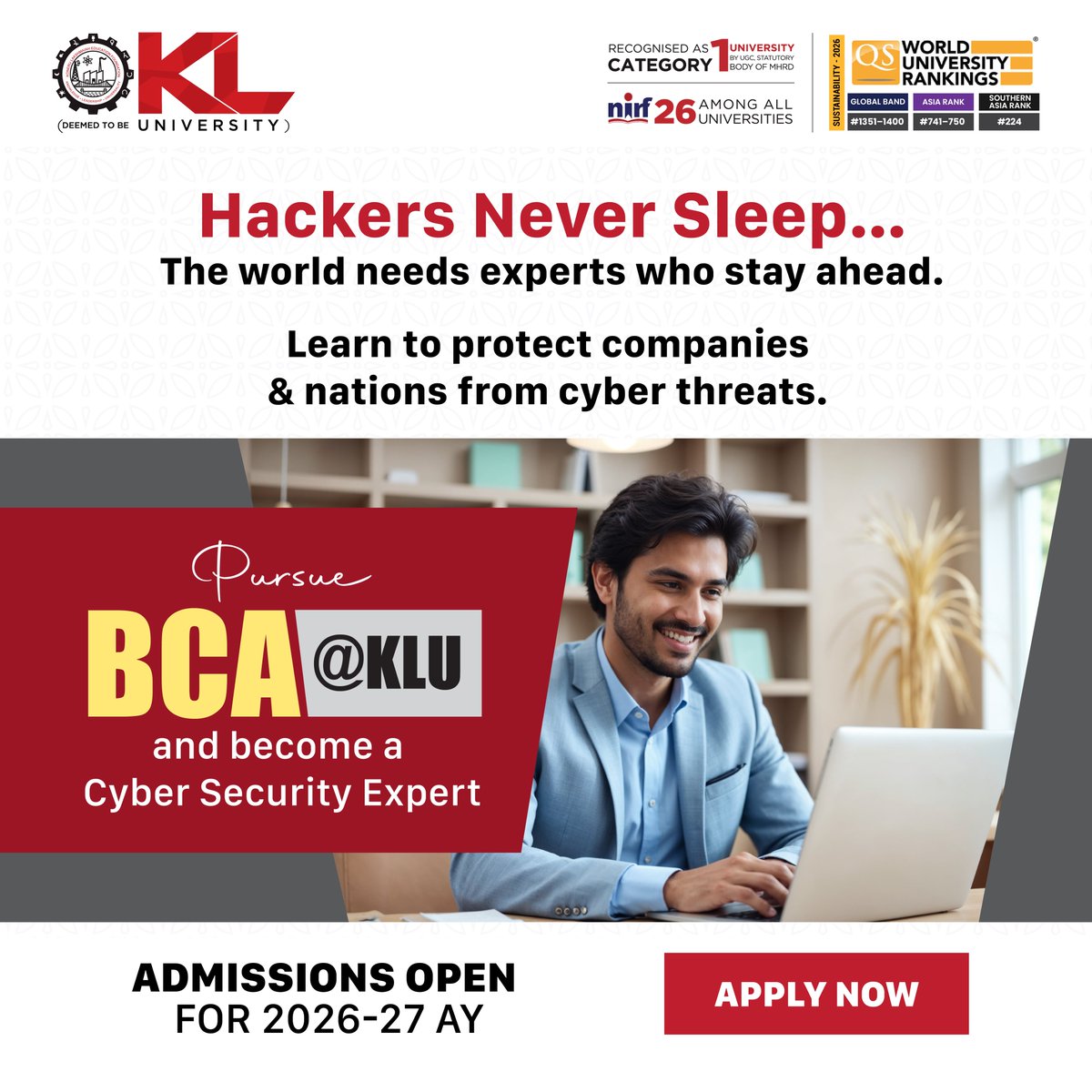 kluniversity's tweet image. Future-proof your tech career with KLU’s BCA in AI, Data Science, or Cyber Security. Get industry certifications (Azure, AWS) and train in advanced labs to graduate job-ready.

Apply: kluniversity.in/admissions-202…

#BCAStudents #FutureCoders #ITCareers #KLUniversity