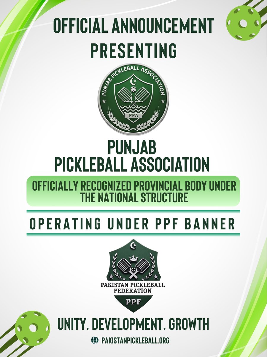 pakpickleball's tweet photo. The Pakistan Pickleball Federation (PPF) proudly unveils the Punjab Pickleball Association (PPA), our inaugural officially recognized provincial body under the national framework.

This is the future of organized sports in Pakistan.

#PakistanPickleballFederation #PPF https://t.co/pWjzUm7hID