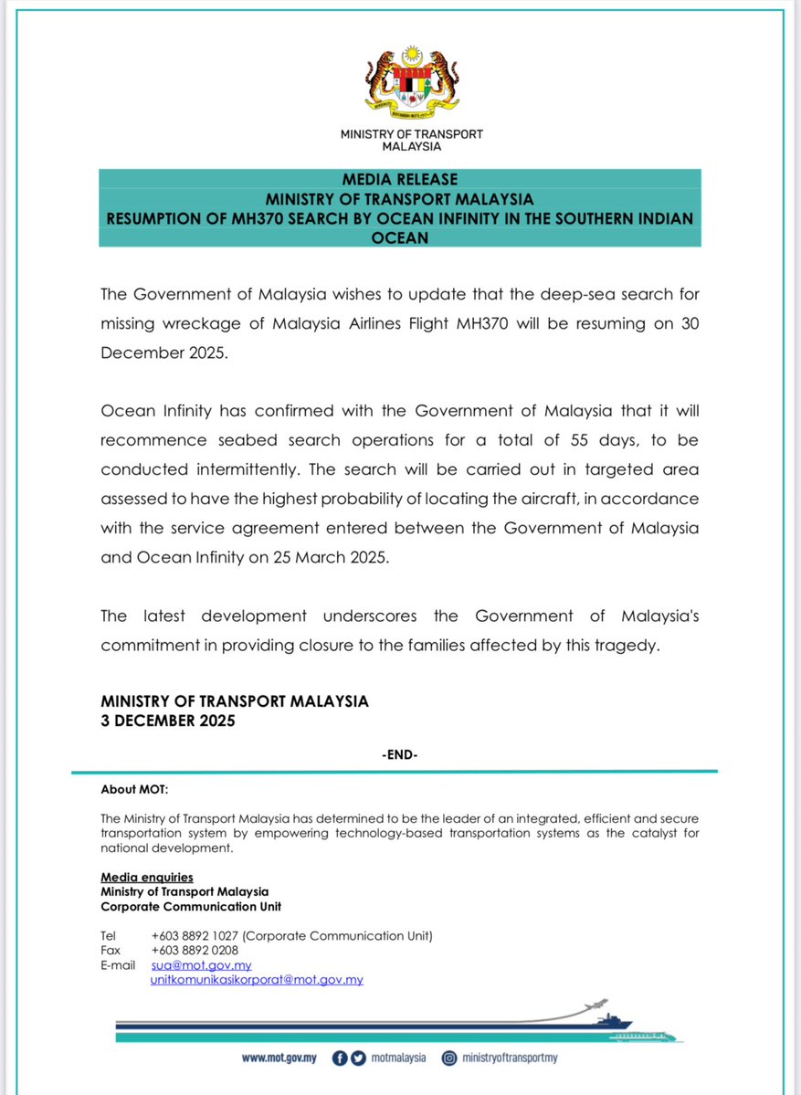 fl360aero's tweet image. Malaysia Government through a media release today, said that search for missing Malaysia Airlines Boeing 777-200ER plane (9M-MRO) that operated Flight MH370, will resume this month more than 11 years after it vanished.

According to the media release, the deep-sea hunt for MH370…