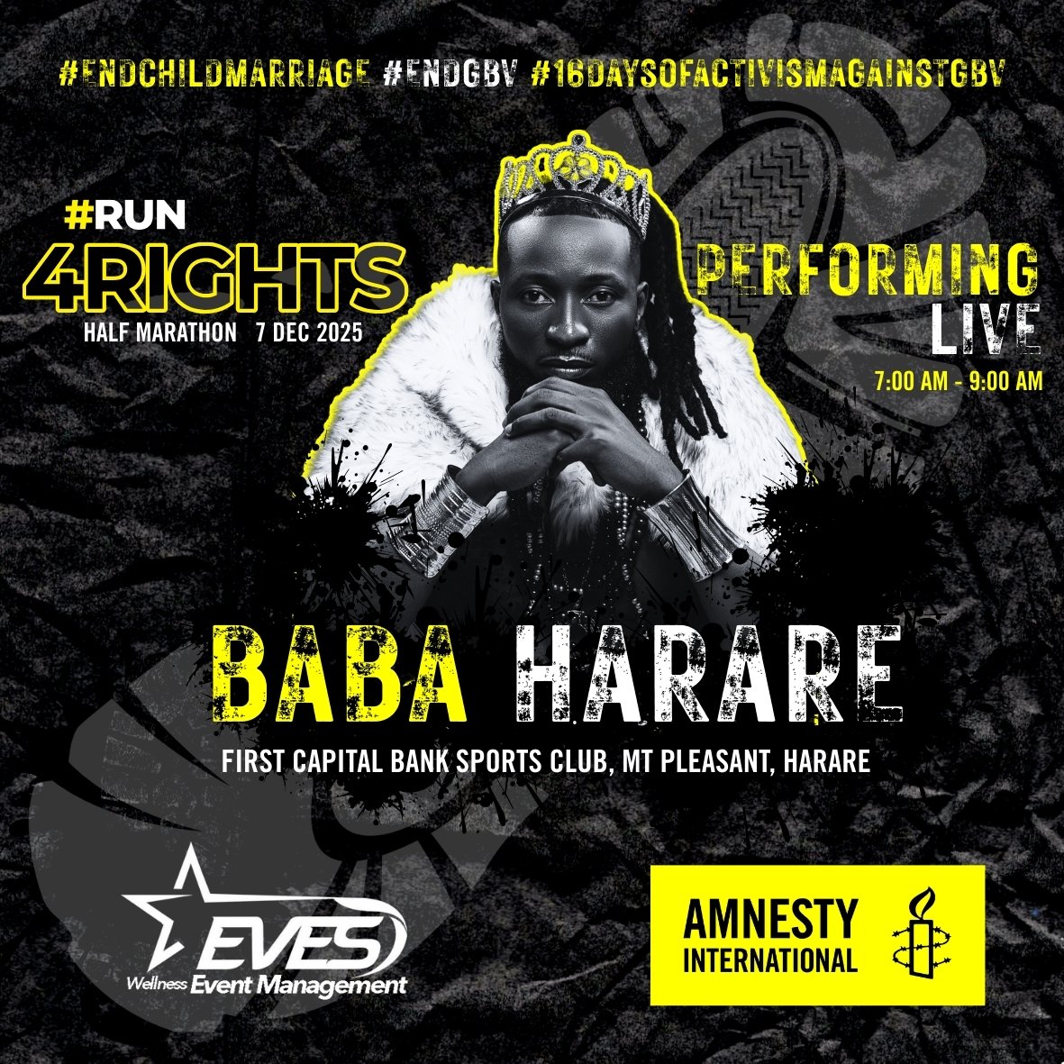 amnesty_zim's tweet image. Good morning #Harare!

Get ready to lace up those running shoes! 

Join us on Sunday, December 7th, for the exciting 2025 #Run4Rights Half Marathon. 

After the run, join us for a memorable experience featuring captivating performances by the amazing @gemmamusic_ and the king of