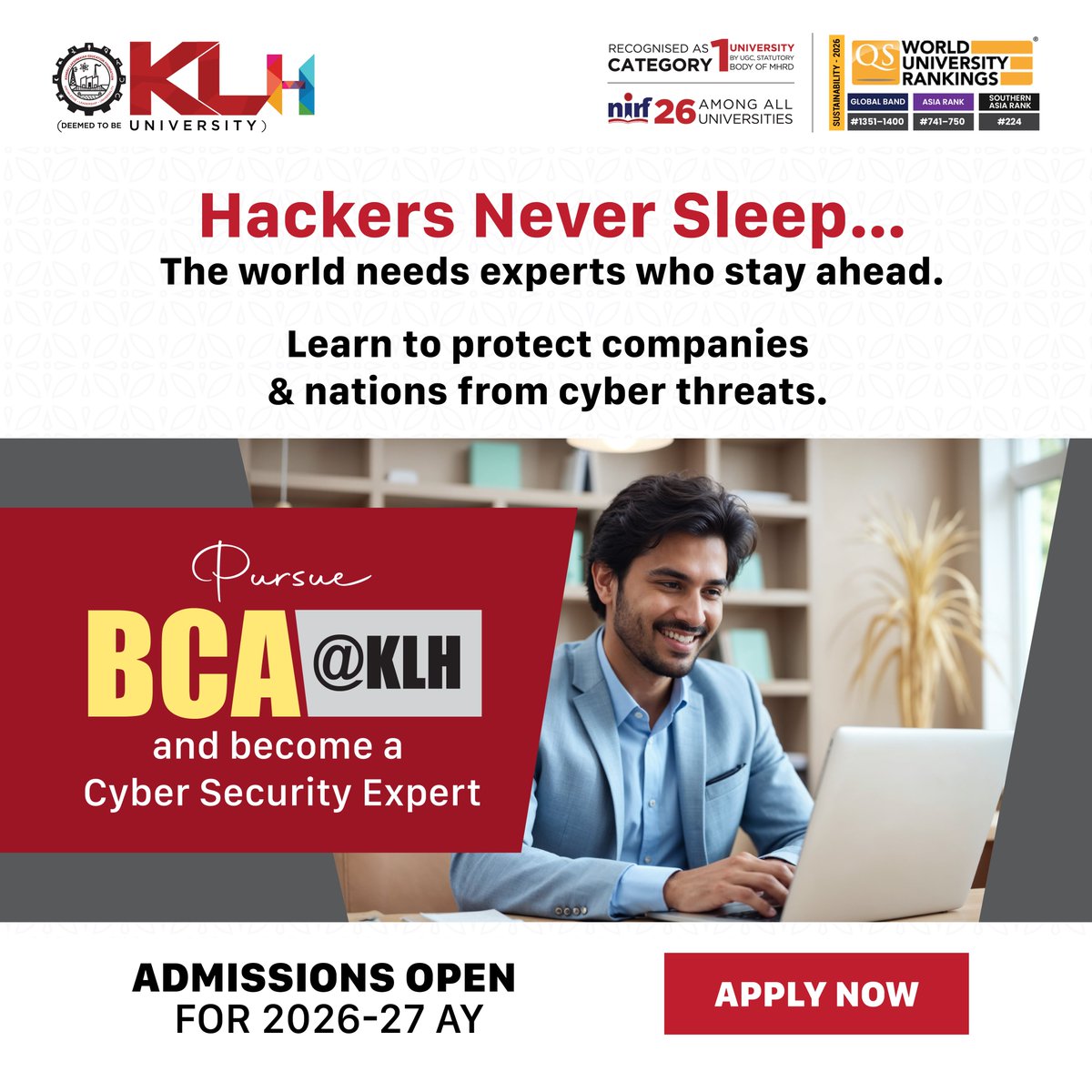 klhuniversity's tweet image. Future-proof your tech career with KLH’s BCA in AI, Data Science, or Cyber Security. Get industry certifications (Azure, AWS) and train in advanced labs to graduate job-ready.

Apply: kluniversity.in/admissions-202…

#BCAStudents #FutureCoders #ITCareers #KLH