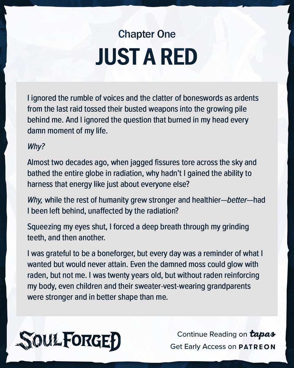 turtleme93's tweet photo. Wanted to share a preview of [Chapter One: Just A Red] from my new webnovel “Soul Forged”. 

Torrin’s different from everyone else and that has him going through a bit of a self-identity crisis.

#SoulForged is now available to read on Tapas or my Patreon. https://t.co/ZUlPyZ1VQR