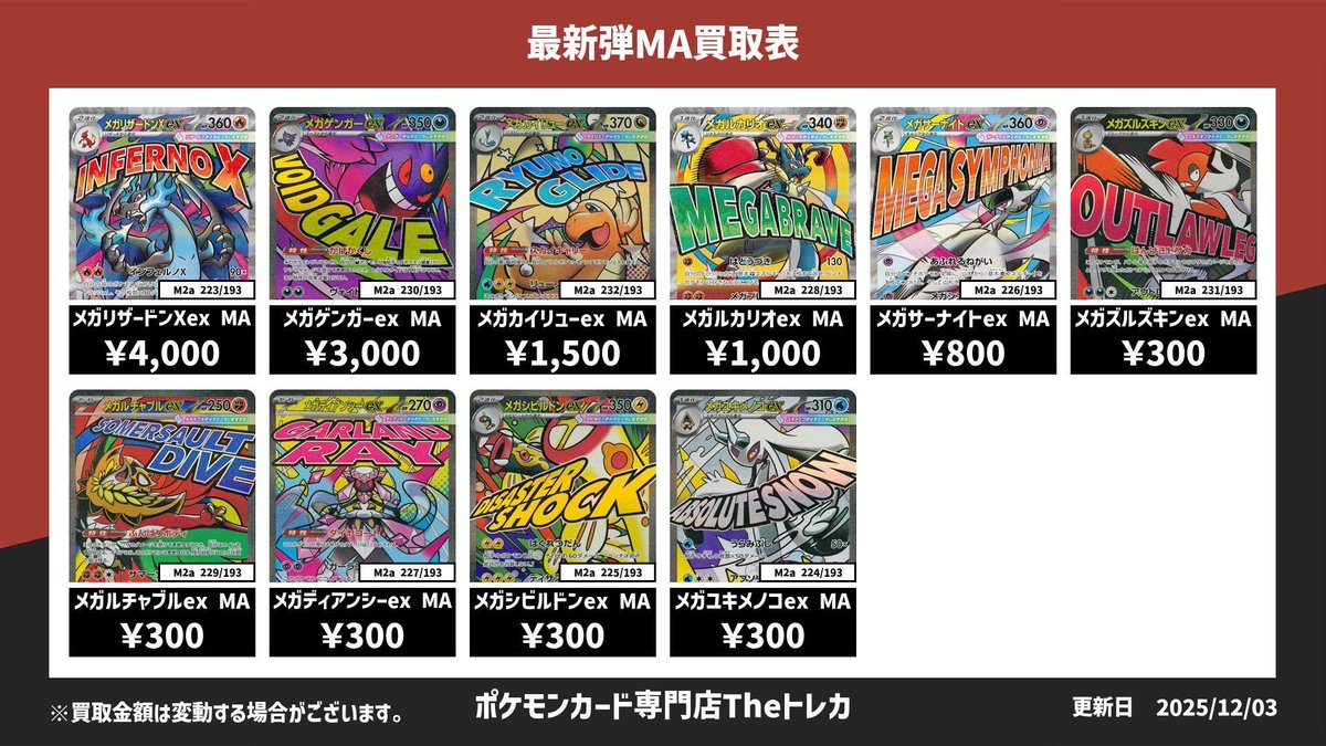 最新弾MA買取表💹 ✨メガリザードンXex MA 4,000円✨ ✨メガゲンガーex