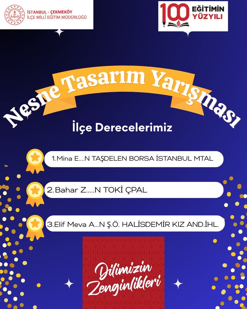 📚 Dilimizin Zenginlikleri Projesi kapsamında düzenlenen *“Bir Atasözü ya da Deyim Nesne Tasarım Yarışması”*na 6 okulumuz katılım sağladı.
Katılan tüm okullarımıza teşekkür ediyor, emek veren öğrencilerimizi yürekten kutluyoruz. 👏✨

🎉 İlçe Derecelerimiz
1️⃣ Mina E….N –
