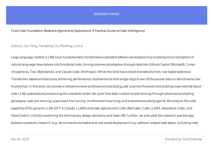 aitrendings's tweet image. From Code Foundation Models to Agents and Applications: A Practical Guide to Code Intelligence

👥 Jian Yang, Xianglong Liu, Weifeng Lv et al.

#AIResearch #CodeIntelligence #LLMs #MachineLearning #OpenSource

🔗 trendtoknow.ai