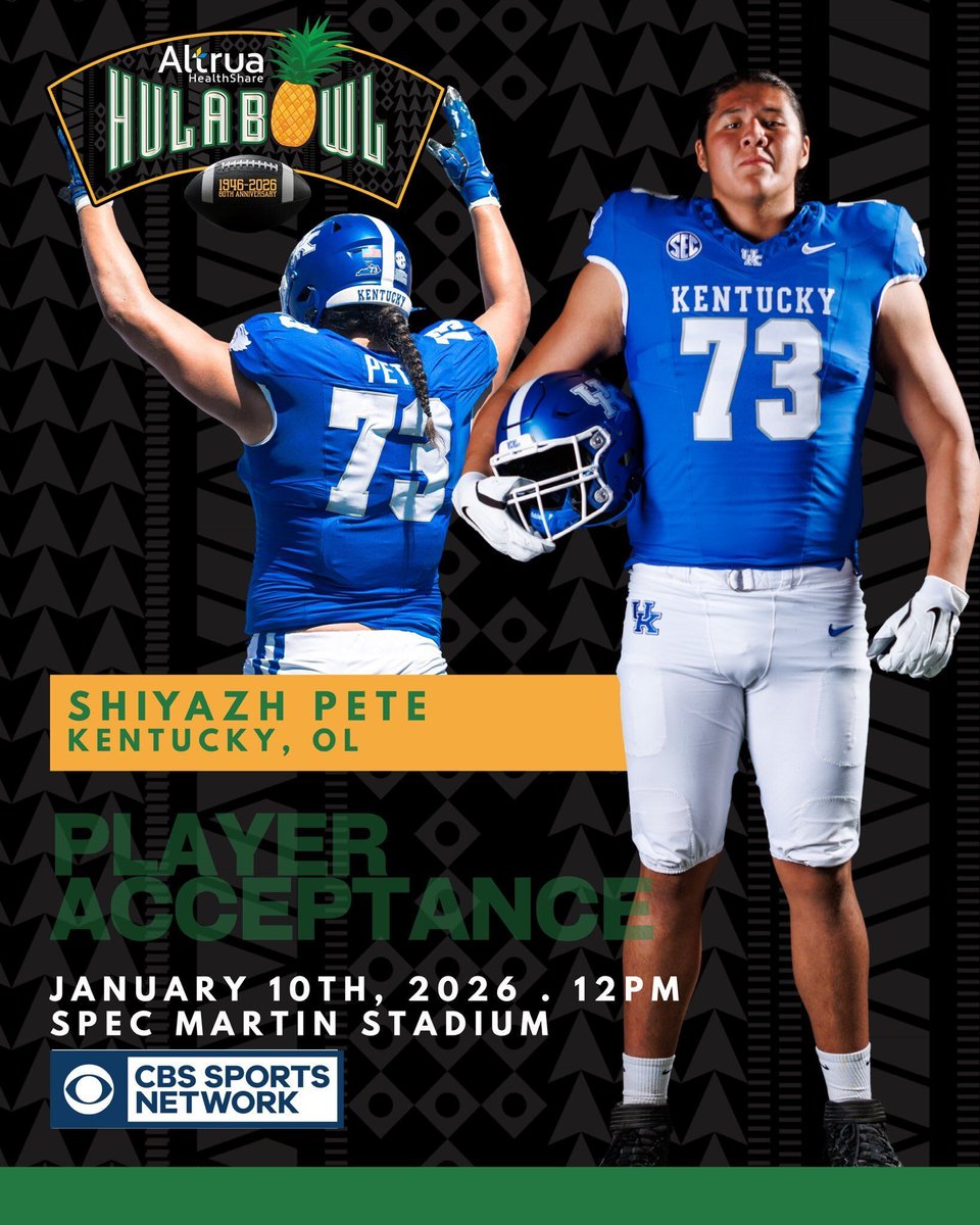 Congratulations to Shiyazh Pete (Navajo), from the University of Kentucky, who has officially accepted his invite to the 2026 Altrua HealthShare Hula Bowl All-Star Game. 

The Hula Bowl is a post-season college football all-star game for senior players.
#NativeAthlete #Navajo #UK