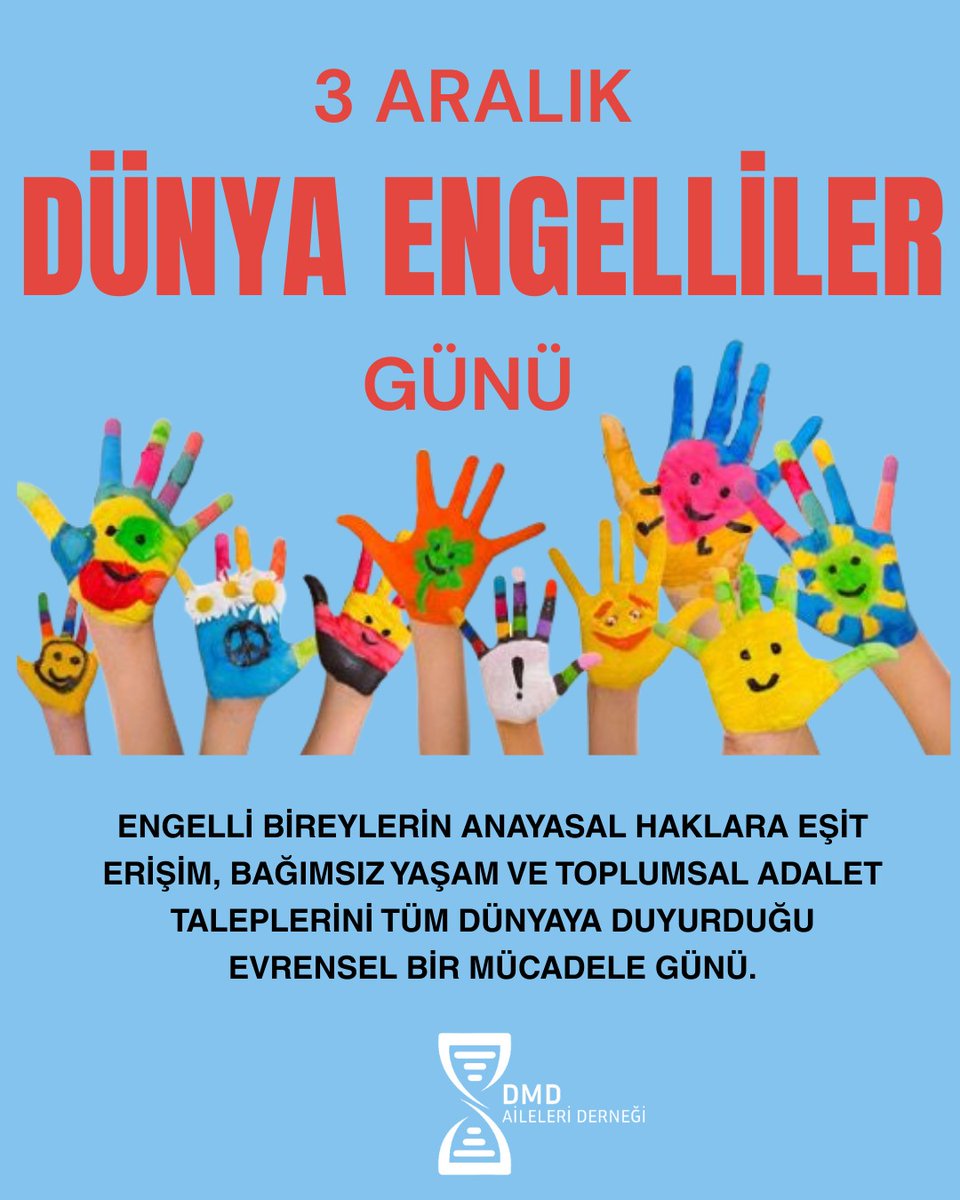 Dmd_aileleri's tweet photo. 3 Aralık Dünya Engelliler Günü, engelli bireylerin anayasal haklara eşit erişim, bağımsız yaşam ve toplumsal adalet taleplerini tüm dünyaya duyurduğu evrensel bir mücadele günüdür.

Bugün milyonlarca engelli birey; ayrımcılığa uğramakta, eğitim ve sağlık hizmetlerine erişimde sorunlar yaşamakta, fiziksel ve sosyal engeller nedeniyle toplumdan dışlanmaktadır. Bu eşitsizlikler, özellikle gelişmekte olan ülkelerde daha da derinleşmektedir.

Toplumsal eşitlik için; engellilerin bağımsız ve onurlu yaşamı güvence altına alınmalı, sağlık, eğitim ve çalışma alanları erişilebilir, güvenli ve kapsayıcı hale getirilmelidir.

DMD’li çocuklarımızın yaşam kalitesinin yükselmesi; sağlık ve eğitim hizmetlerinin güçlendirilmesine, medikal cihazlara yönelik devlet desteğinin artırılmasına ve etkili, güvenli tedavilere zamanında erişimin sağlanmasına bağlıdır.

Bağış kampanyaları tedaviye erişim yöntemi olamaz. Etkili ve güvenli tedaviler, devlet güvencesiyle ve bilimsel kriterlere uygun biçimde sunulmalıdır.

 DMD’de koruyucu hekimlik uygulamaları hayati önem taşır. Evlilik/ gebelik öncesi genetik tarama testlerinin zorunlu hale getirilmesi ve genetik danışmanlık hizmetlerinin yaygınlaştırılmasıyla hastalığın kontrol altına alınması mümkündür.

Buradan tüm yetkililere bir kez daha sesleniyoruz:
Engelli sorunlarının kalıcı ve gerçekçi çözümü, ancak engelli bireylerle ve onların örgütleriyle güçlü bir iş birliği içinde mümkündür.

Bizler; evlatlarımızın yaşam kalitesini yükseltmek, etkili–güvenli ve onaylı tedavilere erişimi güvence altına almak, aileleri doğru bilgiyle güçlendirmek, hastalığın görülme sıklığını azaltmak için mücadelemizi sürdürüyoruz.

DMD hastaları ve tüm engelli bireyler için eşit, kapsayıcı ve adil bir düzen istiyoruz!

DMD Aileleri Derneği

#dmd #duchenne #duchennemusculardystrophy #3aralıkdünyaengellilergünü #engel #3aralık #çarşamba #perşembe