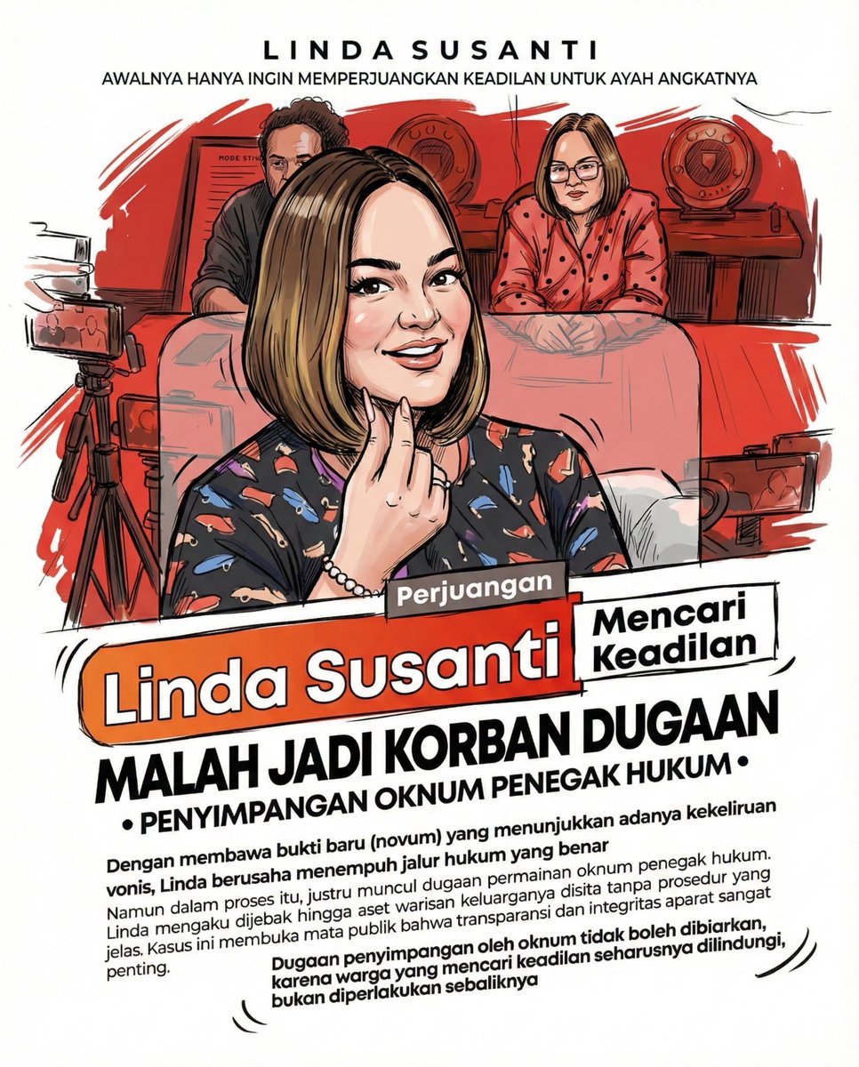 Mencari keadilan rupanya sangat sulit, bahkan ini dialami oleh seorang Pengusaha Linda Susanti. Hingga kini aset warisan keluarga masih belum dikembalikan, aset tersebut ikut disita oleh oknum KPK yg diduga lakukan penyalahgunaan kewenangan. 
#PublikBerhakTahu